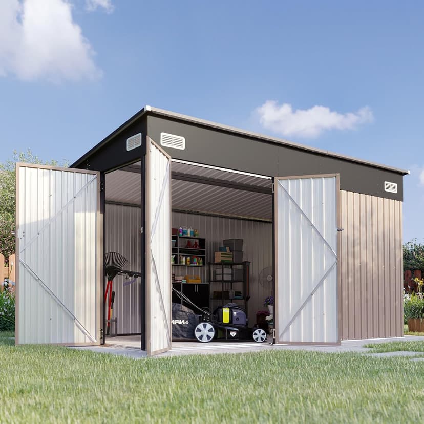 Aoxun 11.5'x7.3' Shed Outdoor Storage Shed with Triple Lockable Door Metal Storage Cabinet with Slopping Roof for Tools Bicycles Storage for Garden, Patio, Courtyard (Brown)