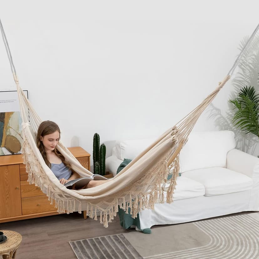 Double Boho Macrame Hammock with Elegant Tassels for Patio, Yard, Beach Wedding Decor, Outdoor and Indoor Up to 450lbs Include Tie Ropes and Drawstring Bag
