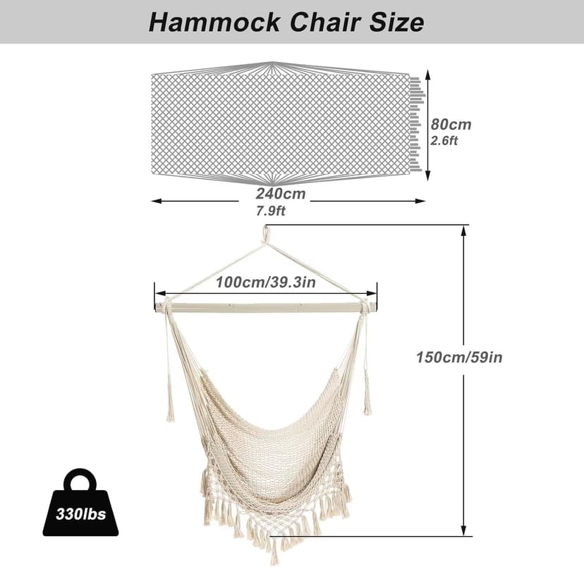 Hammock Chair，Max 330lbs, Large Hanging Chair, Soft Cotton Rope Swing Chair with High Load-Bearing Metal Rod,Indoor Outdoor Garden Yard Living Room Use Beige