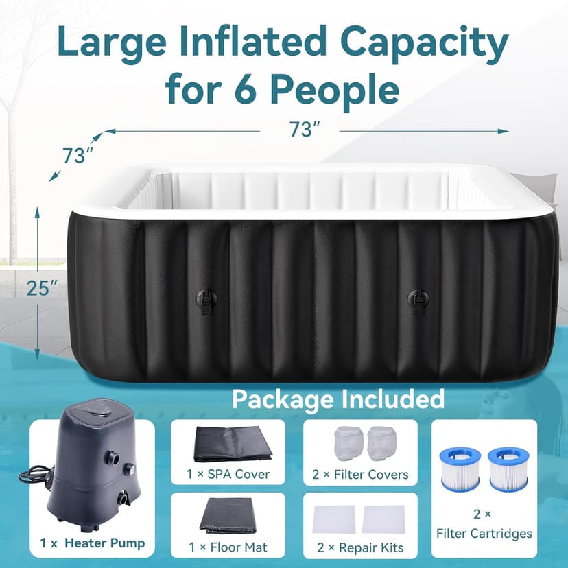 4-6 Person Inflatable Hot Tub, Large Square Portable Blow up Hot Tub, Leak-Proof PVC Outdoor Spa with 130 Air Jets, Insulated Cover and Heater Pump, 73” X 73”X 25”