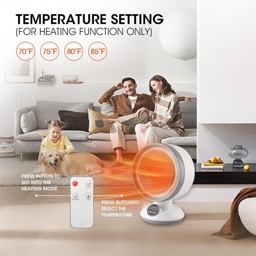 2 in 1 Heater Fan Combo, 1500W Portable Space Heater with Adjustable Temperature, Electric Cooling Fan with Oscillating,Overheat & Tip-Over Protection, Ideal for Home & Office Use