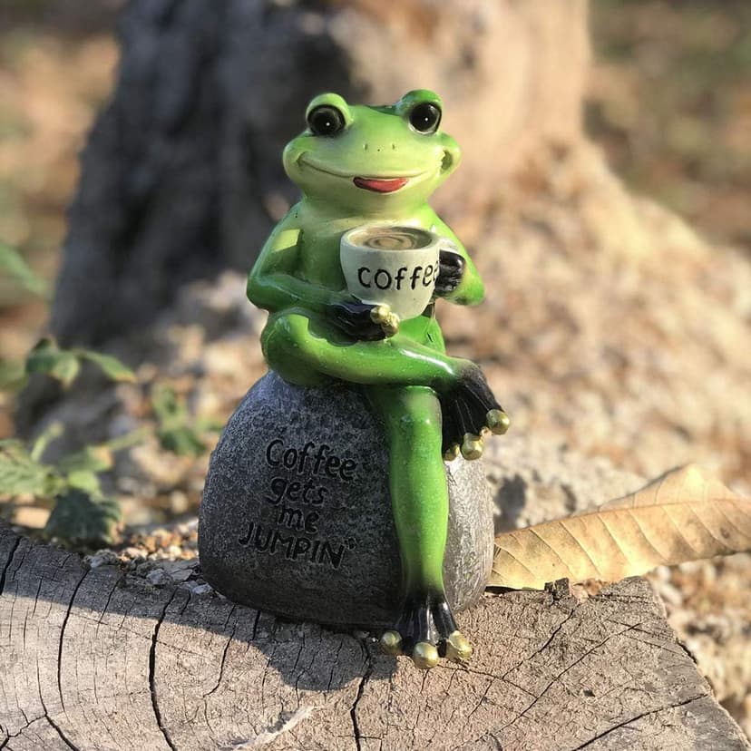 OwMell Frog Statue for Garden, Green Frog Figurine for Outdoor Decor Yard and Garden Decoration Resin Sculpture 6 Inches - Drinking Coffee