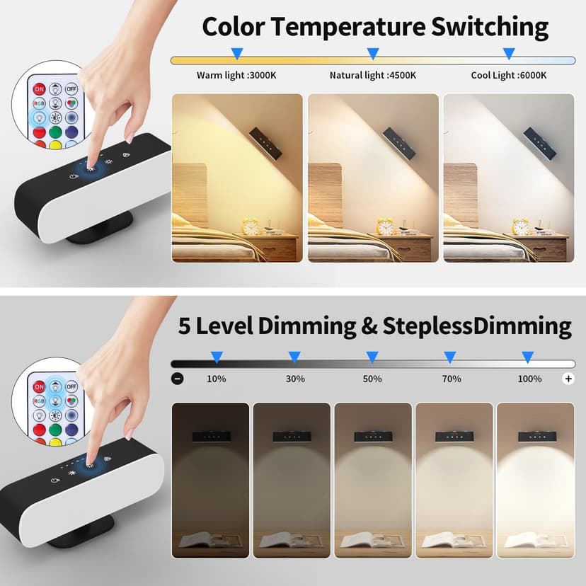 Wall Lights with Remote,Battery Operated Wall Sconce,3 Colors Temp & 9 RGB Ambient Sconce,Magnetic 360° Rotation Cordless Wall Mounted Lamps for Bedroom Bedside,Reading Bedside(Black)