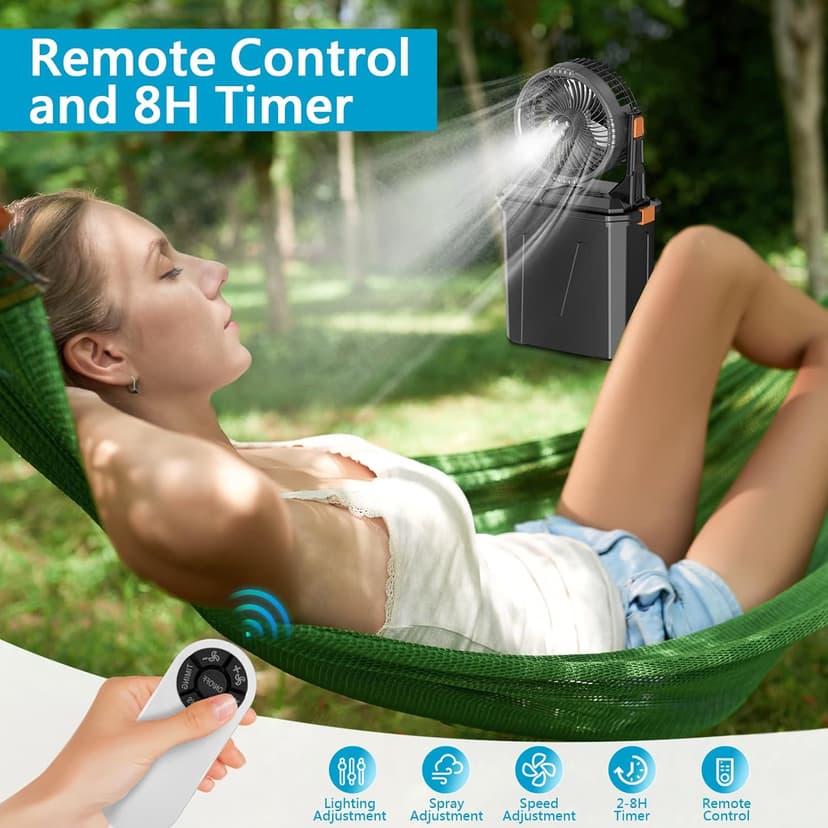 GHORA Portable Misting Fan with 9L Water Tank, 20000mAh Rechargeable Battery Camping Fan, Outdoor Cooling Fans for Patios with Remote & LED, 4 Speeds, 4 Spray Mister Modes, for Home, Outside