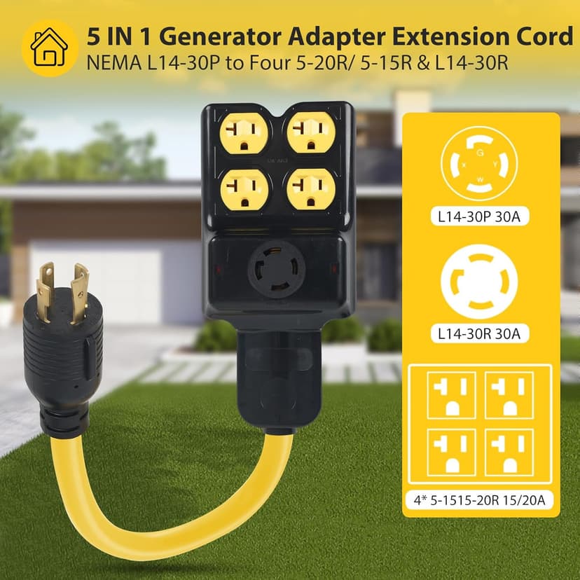 NEMA L14-30P to (4) 5-20R 5-15R & L14-30R Generator Adapter, 4 Prong L14-30 Twist Locking Generator Male Plug to 15 Amp 20 Amp 30 Amp Female Receptacle, Generator Adapter Extension Cord