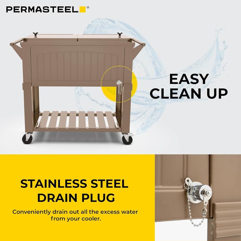 Permasteel 80-Qt Rolling Patio Cooler with Storage Shelf, Large Beverage Cart for Outdoor Entertaining, Backyard, Deck & Parties, Antique Teak Style, Taupe + Bonus Cover