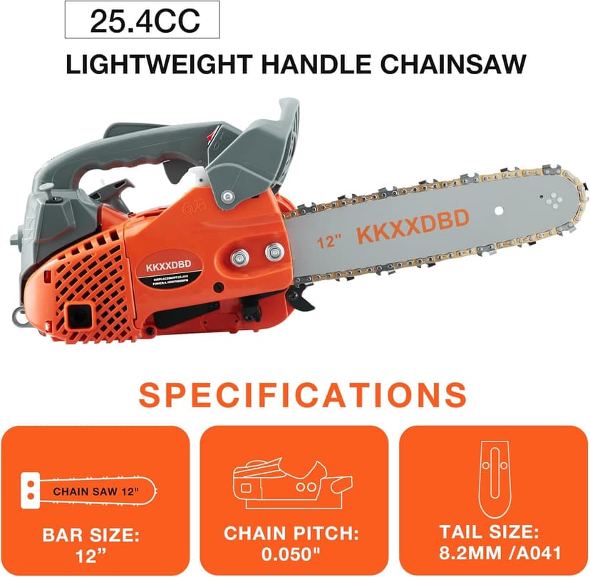 Lightweight 12 Inch Gas Powered Chainsaw - 25.4CC Top Handle Chainsaw for Efficient Wood Cutting, Tree Pruning & Firewood Preparation, Anti-Vibration Design, Easy Start & Safe Operation