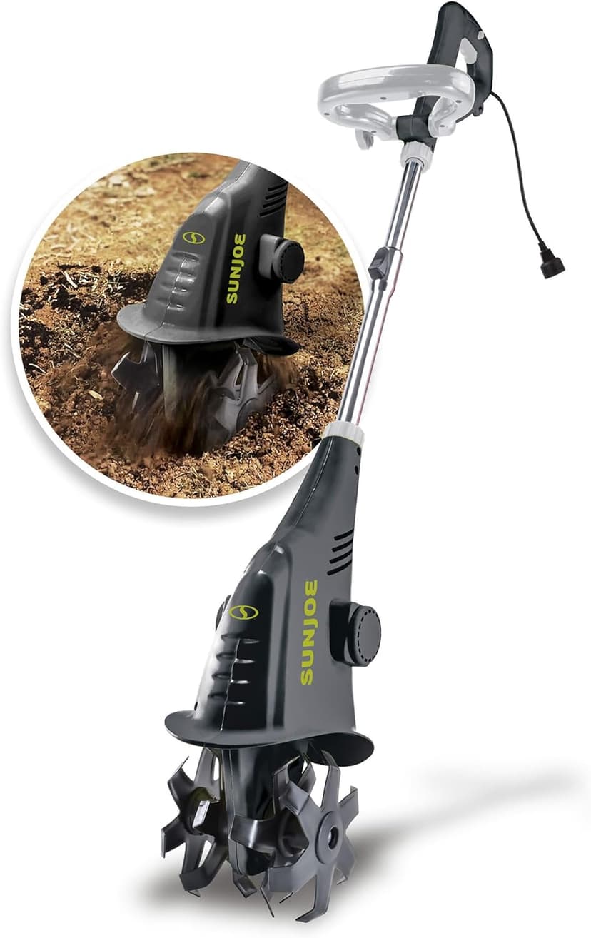 Sun Joe Electric Garden Cultivator with 2.5 Amp Motor and Steel Blades, Cultivates in 6.3 Inch Wide Path for Small Gardens and Flower Beds, Green