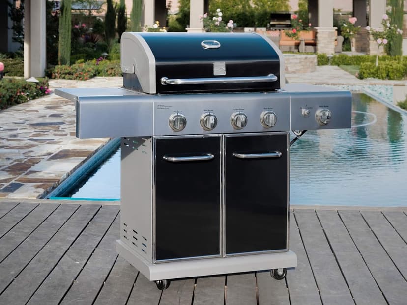 Kenmore 4-Burner BBQ Gas Grill with Searing Side Burner, Propane Grill, 52,000 BTUs, Warming Rack, Electronic Ignition & Cast Iron Cooking Grates, Black/Stainless Steel