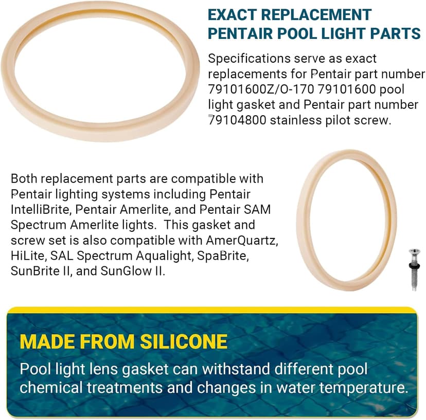 (1 Set) 8 3/8" Pool Light Lens Gasket and Stainless Pilot Screw - Exact Replacements for Pentair 79101600Z and 79104800 - Compatible with Pentair IntelliBrite, AmerLite, and SAM Amerlite Lights