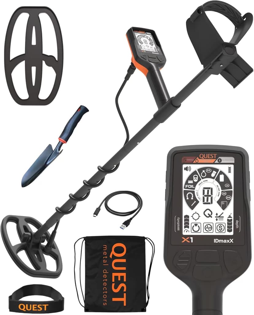 Quest X1 Metal Detector for Adults - Value Pack w/Coil Cover String Bag Digger, Fast Discrimination Speed, Built-in Battery Lightweight Doubled Coil for Coin Militaria Treasure Hunting Nail Test