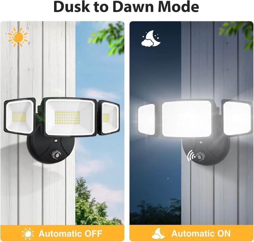 Onforu 60W LED Dusk to Dawn Flood Lights, 6000LM Exterior Security Outdoor Lighting, IP65 Waterproof Outdoor 3 Adjustable Heads Photocell Light Fixture, 6500K Floodlight for Garage, Patio, Yard