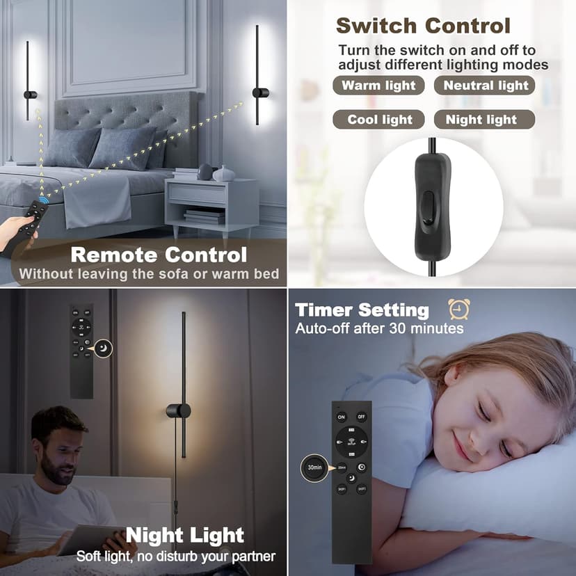 Wall Sconces Set of Two with Remote, Stepless Colors 3000K-6500K & Stepless Dimming, Hardwire or Plug-in, 180° Rotate, LED Black Plug in Wall Sconces with Timer & Night Light, 23.6 Inches