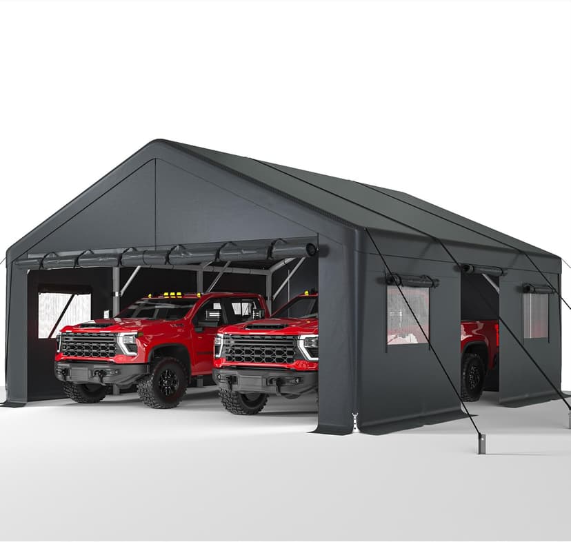 Bepatio Carport, 2 Car 20 x 20 Heavy Duty Metal Carport, Extra Large Car Port with Side-Opening Doors & Roll-Up Windows, All Weather Outdoor Portable Garage