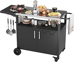 JY QAQA Outdoor Grill Cart with Storage,Patio Kitchen Island Outdoor Grill Table with Wheels,BBQ Cart Movable Pizza Oven Table Stand, Storage Cabinet, Foldable Tabletop, (Black)