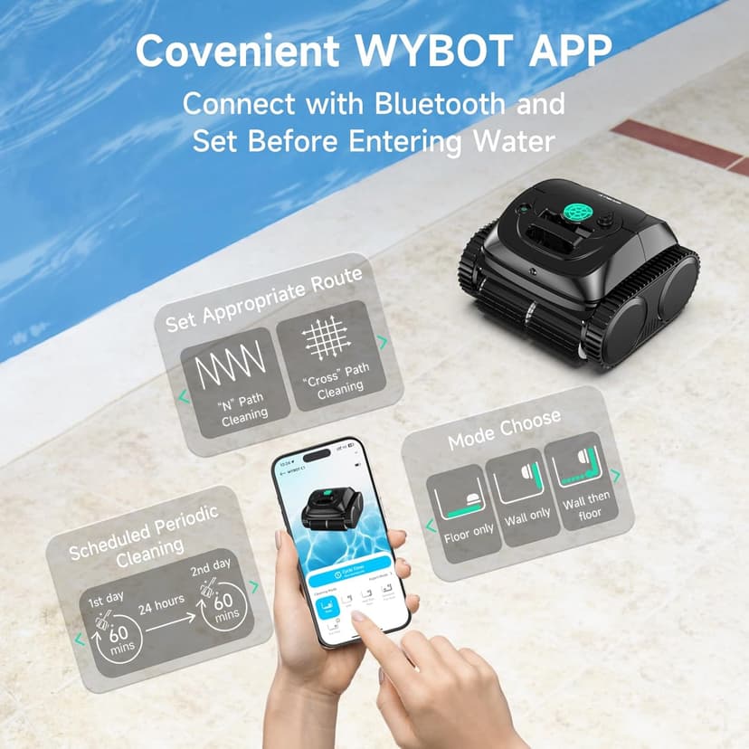 (2025 Upgrade) WYBOT C1 Robotic Pool Vacuum for Inground Pools, 150min Runtime Cordless Pool Cleaner, 4-in-1 Wall & Waterline Cleaning Up to 1,614Sq.ft, Smart Navigation, App Support