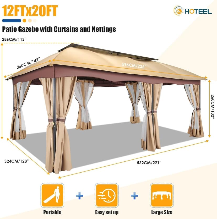 HOTEEL Gazebo 12x20, Outdoor Gazebo on Clearance with Double Ventilated Arc Roof, Privacy Curtains & Mosquito Netting, Easy Set up Canopy Tent with Stable Metal Frame for Patio, Khaki (Upgraded 2.0)