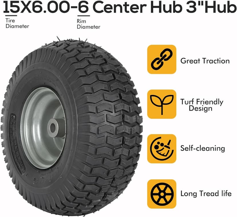 (2 Pack) WEIZE 15x6.00-6 Tire and Wheel Assembly, Replacement Riding Lawn Mower Front Tires, Compatible with Craftsman Riding Lawn Mowers, 3" centered Hub, 3/4" Bushing