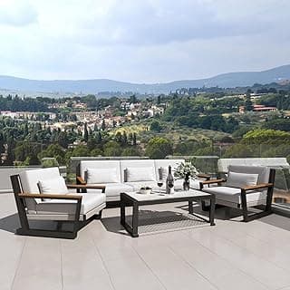 Aluminum Outdoor Patio Furniture Set 5 Seat, Patio Conversation Set with Durable Mesh Rope Weaving, Wide Armrests and Seats, Metal Sofa Set for Patio Grey