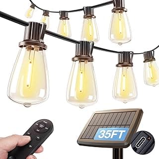 addlon 35FT Solar String Lights Outdoor, Waterproof Solar Powered with Remote & USB Port, 10+1 LED Shatterproof Bulbs, Dimmable Solar Light Outdoor for Camping Backyard Bistro Porch