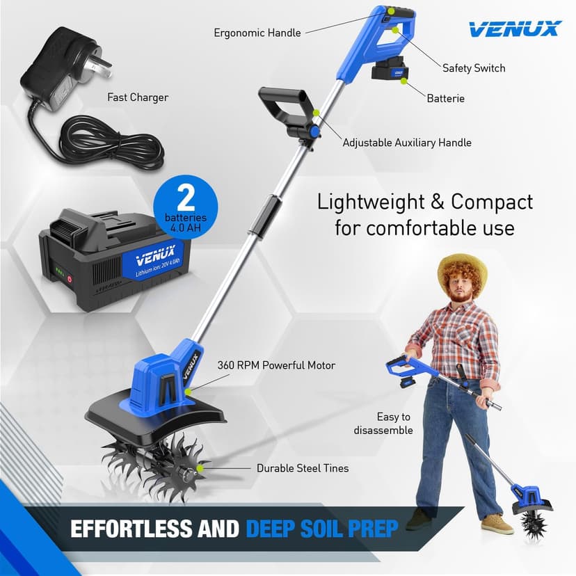 VENUX 20V Cordless Tiller Cultivator Electric Garden Tiller- 2 Batteries 4.0AH Included, 48 Steel Anti-Rust Tines 360RMP Tilling 9-in Width & 6.6-in Depth, Safety Gloves & Glasses Included