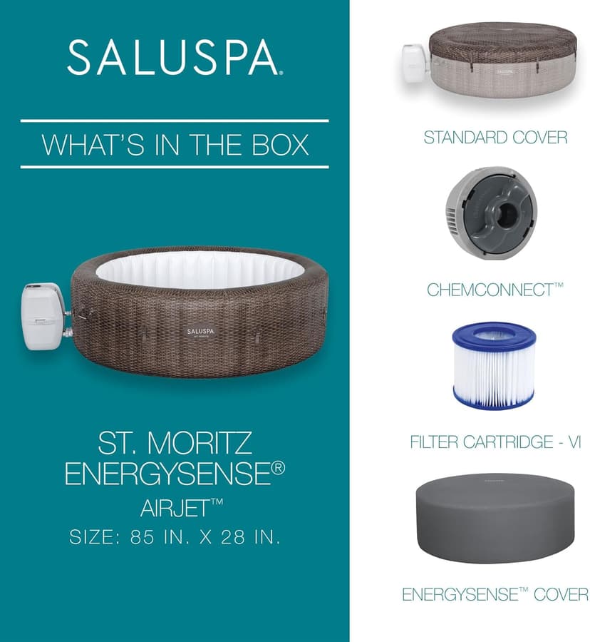 Bestway SaluSpa St Moritz AirJet 5 to 7 Person Inflatable Hot Tub Round Portable Outdoor Spa with 180 AirJets and EnergySense Energy Saving Cover