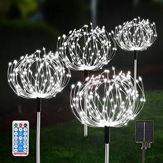 Solar Garden Fairy Lights 4 Pack 120 LED 30 Copper Wire Outdoor Firework Landscape Path String Lights Waterproof 8 Lighting Modes Remote Control for Backyard Christmas Party Decorative (White)