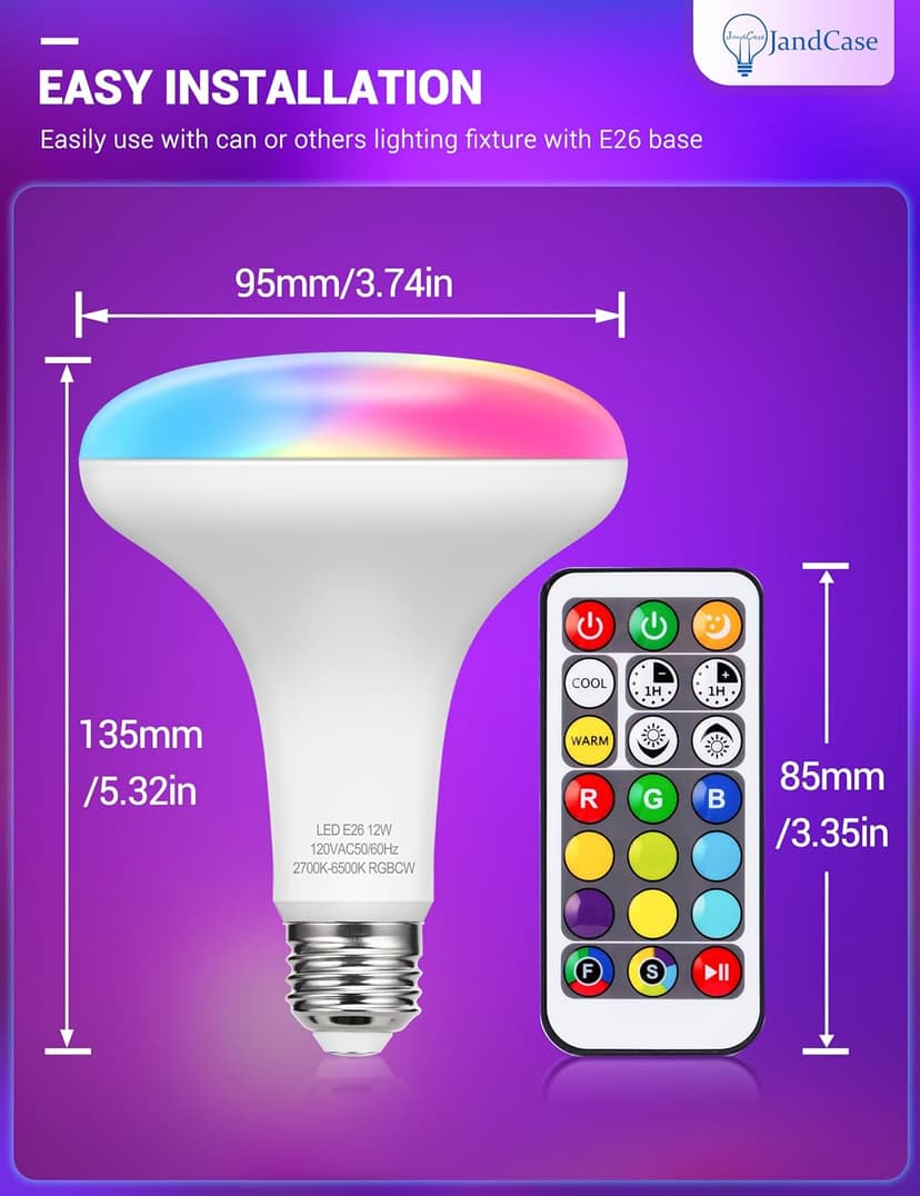 JandCase BR30 Color Changing Light Bulb, RGB+Warm+Cool White LED Flood Lights, 12W(100W Equivalent), 1050lm, Remote Control, Dimmable Multi-Color Can Light Bulbs for Ceiling, E26 Base, 2 Pack