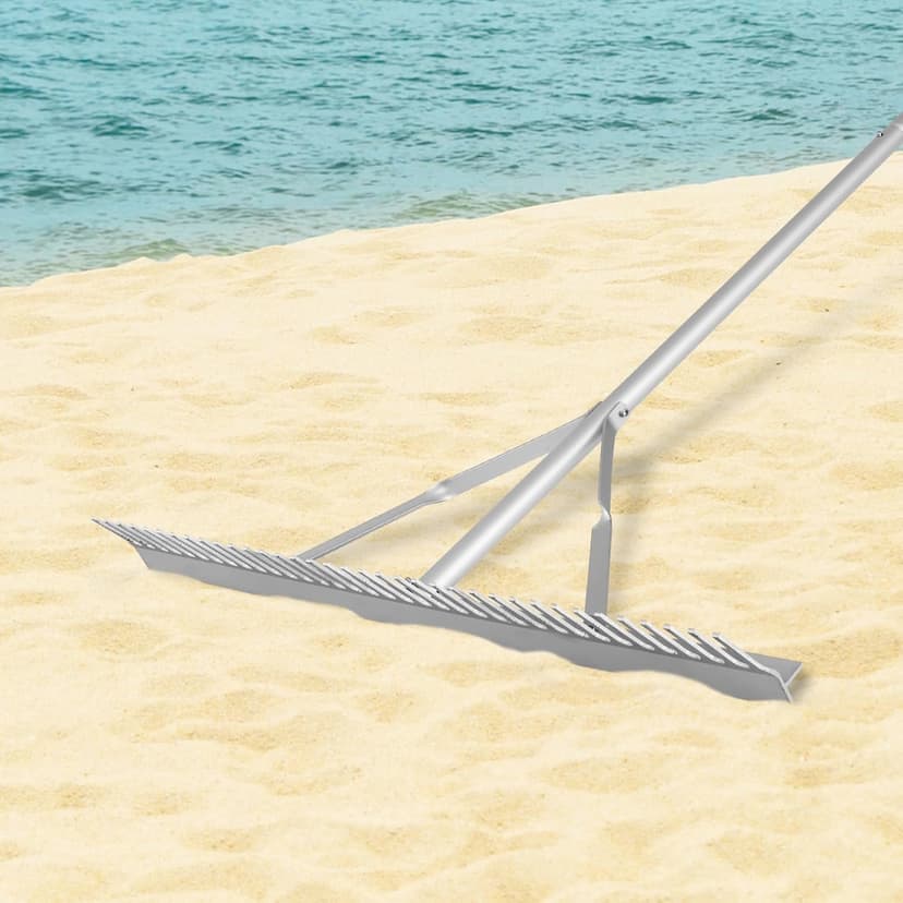 Goplus Landscape Rake 36 Inch, Aluminum Rake Head w/36 Tines and 68" Long Non-Slip Handle, Yard Rake Tool for Loosening & Leveling Soil, Landscaping Rake Beach Garden Lawn Care, Collecting Leaves