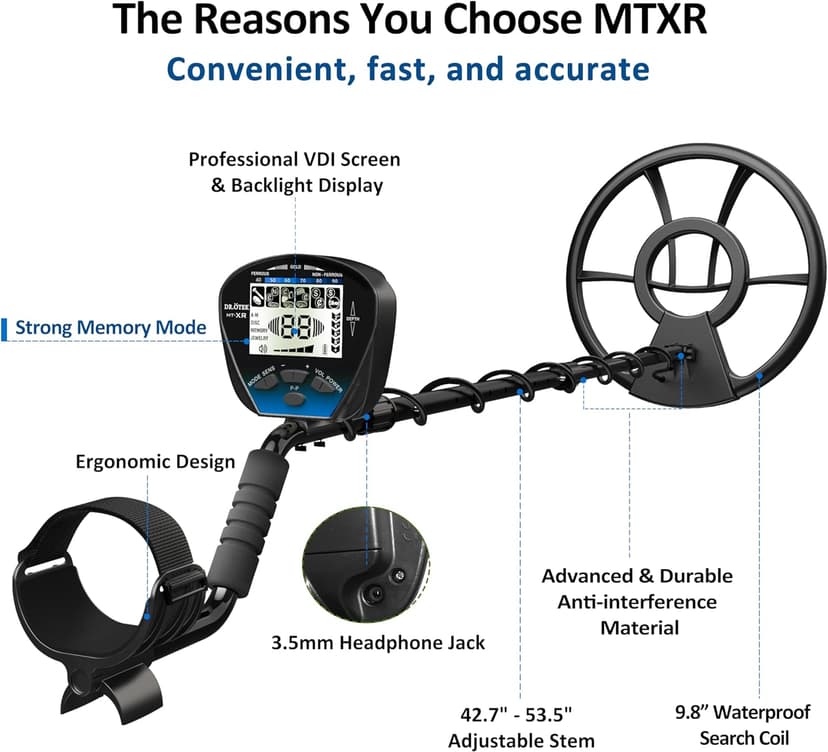 DR.ÖTEK Metal Detector for Adults Professional, Pinpoint Metal Detector Waterproof Gold and Silver, Higher Accuracy, Bigger LCD Display, Strong Memory Mode, 10" IP68 Coil, New Advanced DSP Chip, Blue