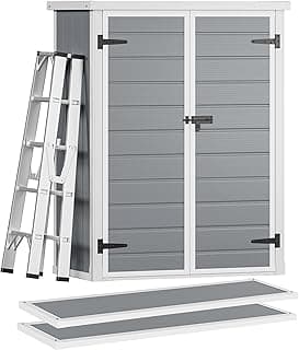DWVO Outdoor Vertical Storage Shed with 2 Shelves, 49 Cu Ft Waterproof Resin Garden Shed with Floor & Lockable Door, Plastic Tall Tool Cabinet for Garbage Cans, Lawn Equipment, Garden Supplies (Gray)