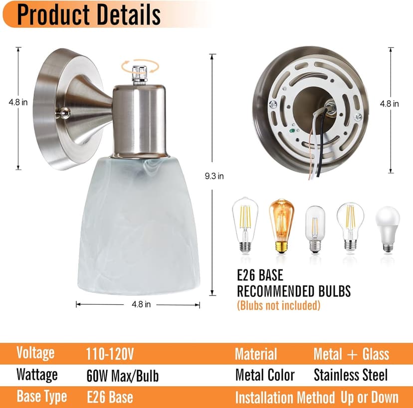 Wall Sconces Set of 2, Brushed Nickel Vanity Lights for Bathroom, Modern Wall Light Fixtures with Rotary Switch, Wall Mount Light with Frosted Glass, Farmhouse Wall Lamp for Bedroom Living Room