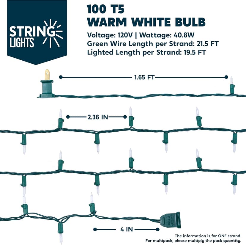 Joiedomi Clear Christmas String Lights Indoor,100 Count Mini Warm White Fairy Light,21.5FT Lighting Decor for Patio Dorm Classroom Bedroom Holiday Wedding Party Garland Birthday Festival,Green Wire