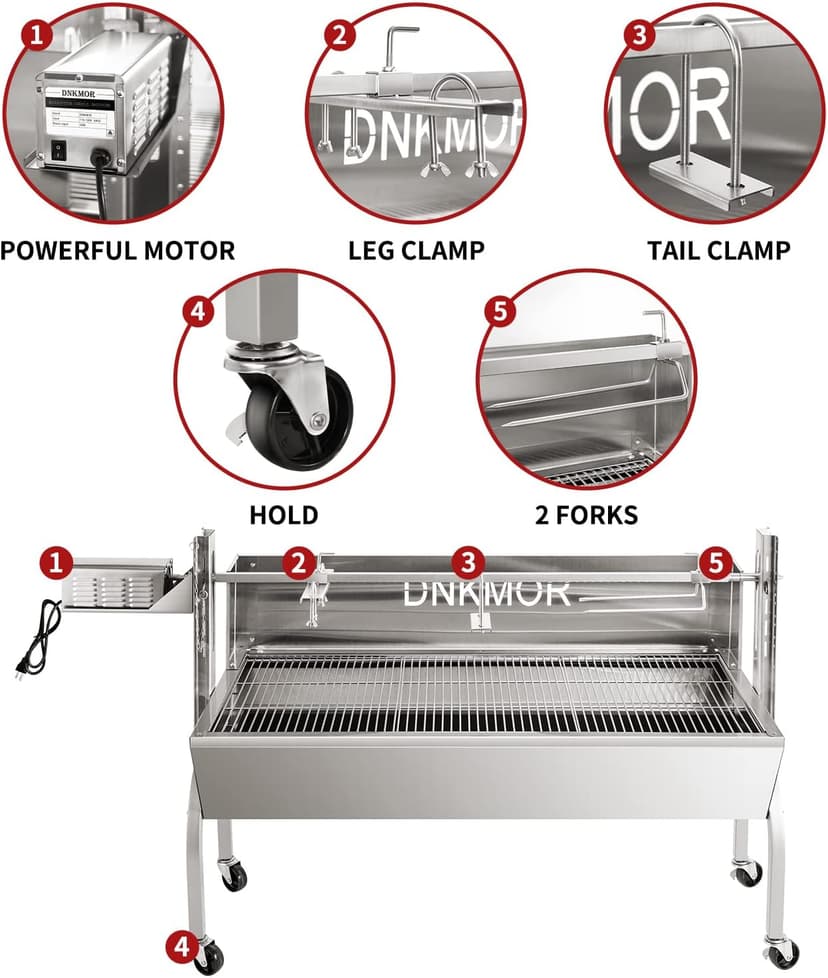 Rotisserie Grill Stainless Steel Charcoal Spit Roaster, 62" Pig Lamb Hooded Roaster Charcoal Spit with 30W Motor & Adjustable Height Lockable Casters for Outdoor Party Barbecue, Rated 150 LB By DNKMOR