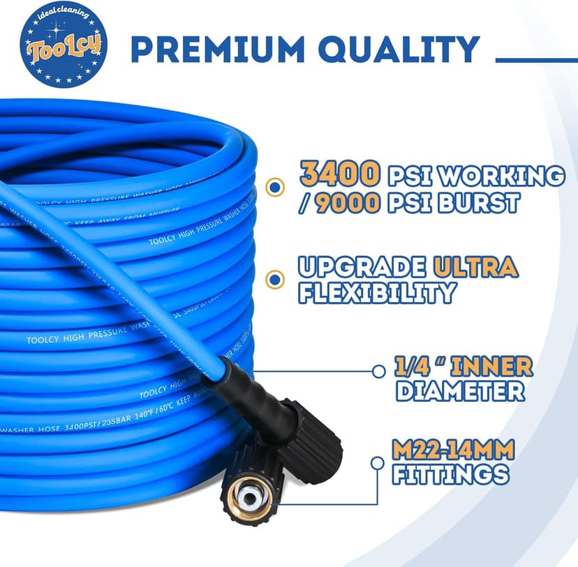 TOOLCY Wearproof Pressure Washer Hose 50ft, 3400 PSI Kink Resistant Power Washer Hose 1/4 in., Replacement Power Wash Hose with M22 and 3/8" Quick Connection Kit for Gas & Electric