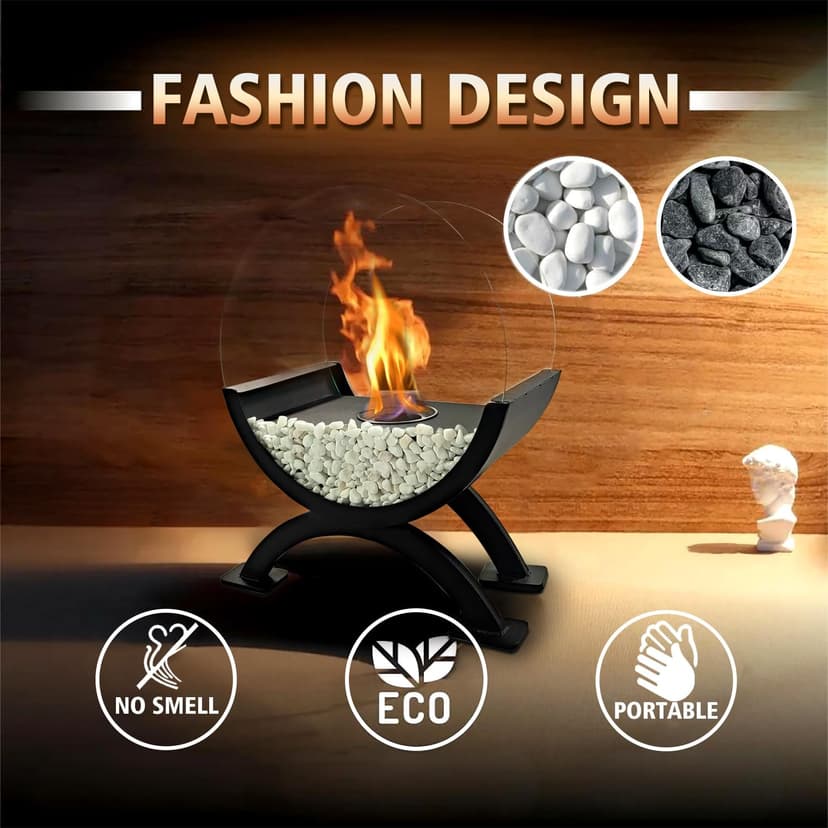 Round Glass Large Tabletop Fireplace 12.5" H Portable Fire Bowl Pot Clean Burning Bio Ethanol Ventless Fireplace for Indoor Outdoor Patio Parties Events(Black)
