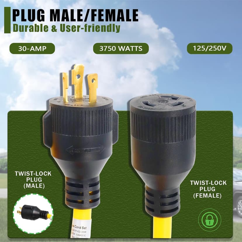 Wadoy 3 Prong Generator Cord 30 Amp, Yellow Generator Power Inlet Box and 10Ft Generator Power Extension Cord NEMA L5-30P to L5-30R 125V, 3750W Generator Power Inlet Organizer Combo Kit ETL Listed