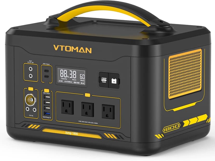 VTOMAN Jump 1800 Portable Power Station 1800W (Peak 3600W), 1548Wh Expandable LiFePO4 Battery Generator with 100W USB-C, 18W USB-C, 12V DC, Jumpstarter, for Power Outages Backup & Outdoor Camping
