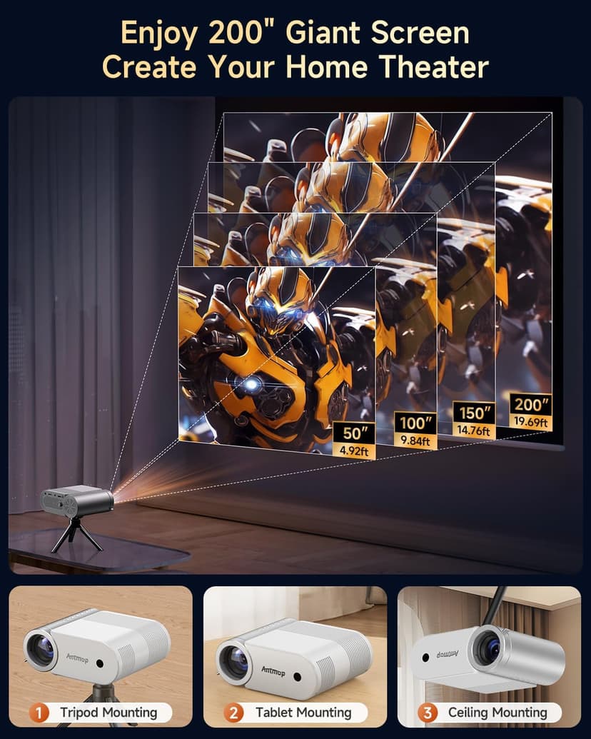 Outdoor Projector With WiFi and Bluetooth, 1080P Movie Projectors for Phone, Home Theater Projector for Bedroom, 200” Screen Wireless WiFi Projector with 3W Speaker for iPhone/HDMI/USB/TV Stick