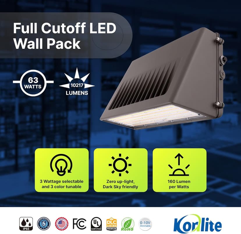 63W/45W/30W Full-Cutoff LED Wall Pack Lights, Selectable Wattage & CCT (5000K/4000K/3000K), LED Wall Light, Energy Efficient, Durable, Outdoor Commercial Wall Pack Light, 9797LM