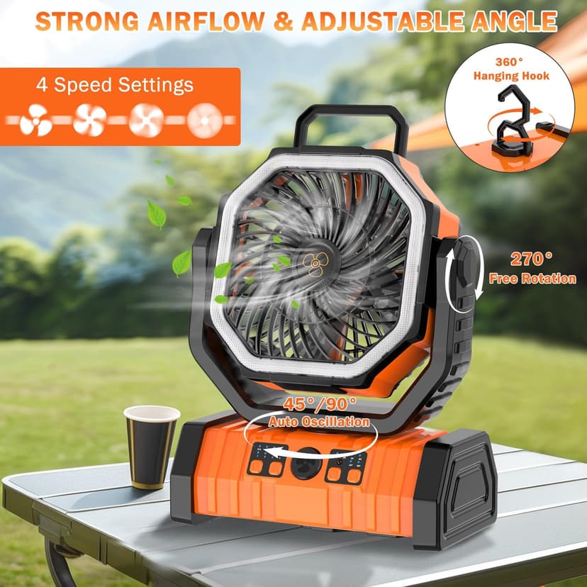 Camping Fan Rechargeable, 20000mAh Large Battery Powered Fan, 4Speed Rechargeable Fan Portable with Remote, Battery Operated Fans with LED Light and Hanging Hook, Cordless Fans for Tent Picnic Outdoor