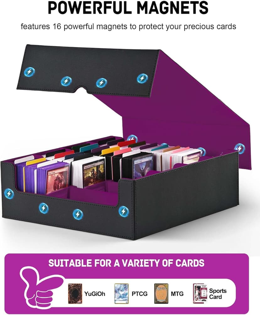 ZLCA Card Storage Box for MTG PTCG, Commander Deck Box Holds 3000+ Cards, Card Storage Case with 4 Stoppers, Card Organizer for TCG Sport Cards(Black&Purple)