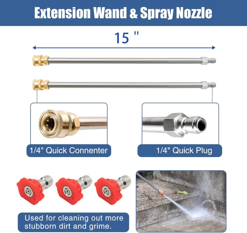 janz 14" Pressure Washer Surface Cleaner with 4 Wheels, Stainless Steel Housing, 1/4" Quick Plug, 2 Extension Wands, 2 Replacement Nozzles and 3 Spray Nozzles, 4000 PSI