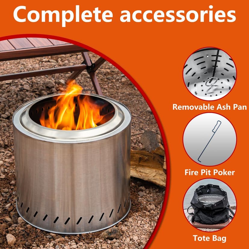 15 inch Stainless Steel Smokeless Fire Pit, Outdoor Smokeless Firepit, Wood Burning Fire Pits for Camping, Bonfire, Low Smoke Firepit for Outside (Oblique Hole)