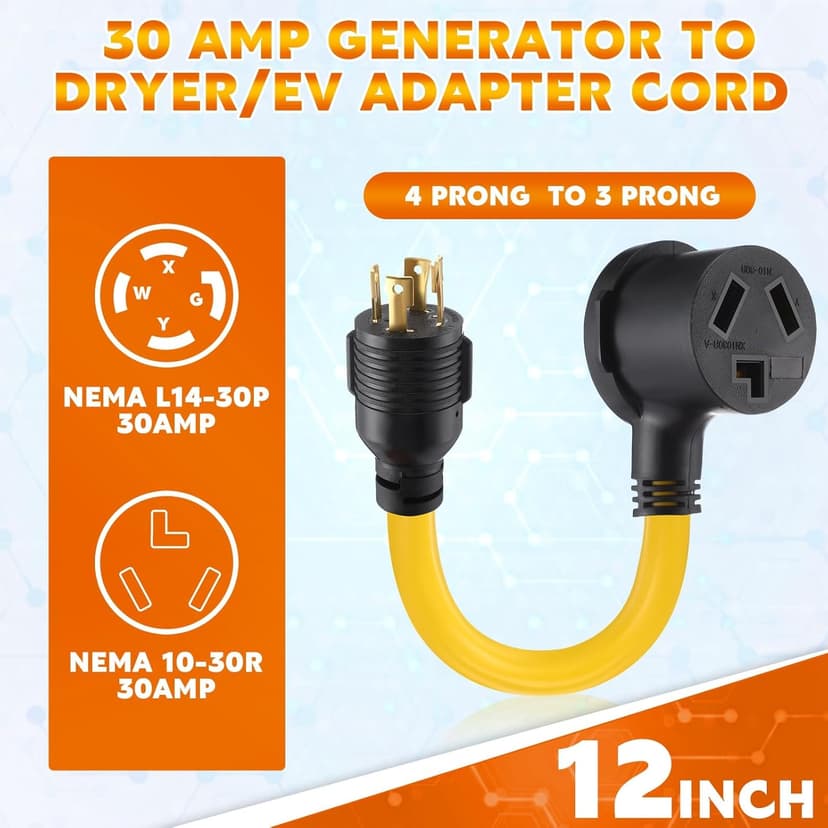Generator to Dryer Adapter Cord NEMA L14-30P to 10-30R 30 Amp, ETL Listed, 4 Prong Locking Generator Male to 3 Prong Dryer Female for EV, 10 AWG STW, 1FT