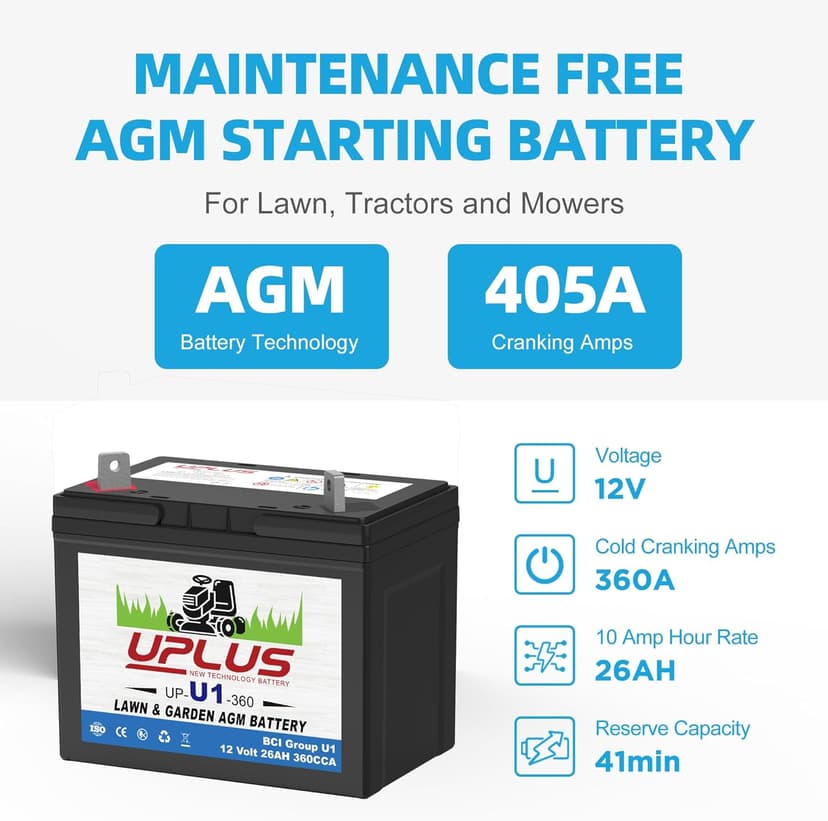 UPLUS U1 Riding Lawn Mower Battery, 12V 360CCA Garden Tractors Battery Maintenance Free AGM Batteries, Fit for John Deere, Cub Cadet, Husqvarna, Craftsman, Toro, Ariens, Poulan Pro and Troy-Bilt