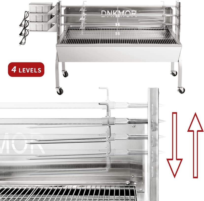 Rotisserie Grill Stainless Steel Charcoal Spit Roaster, 62" Pig Lamb Hooded Roaster Charcoal Spit with 30W Motor & Adjustable Height Lockable Casters for Outdoor Party Barbecue, Rated 150 LB By DNKMOR