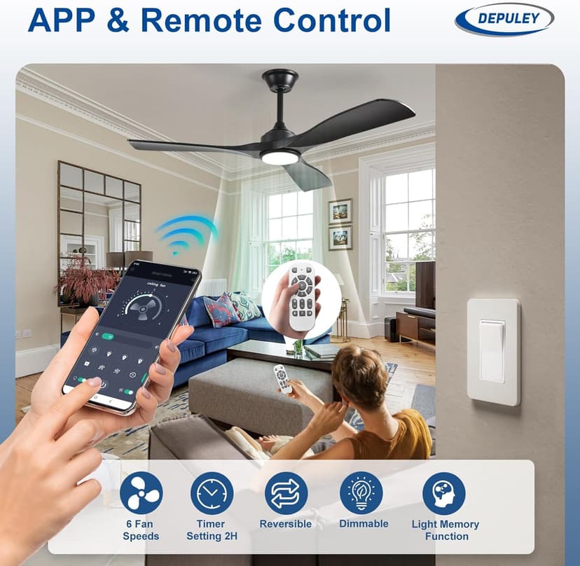Depuley 52-Inch Ceiling Fan with Light: Black 3 Blade Outdoor Fans for Patios - Dimmable Indoor Fan with Remote APP Control Ultra Quiet DC Motor Reversible 6 Speed Timer