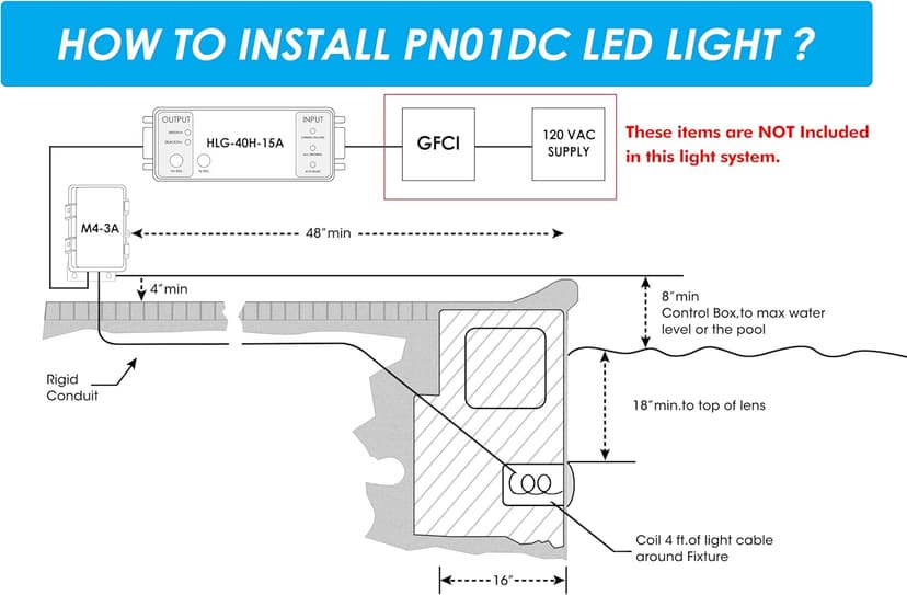 HQUA PN01DC 120V AC Remote Control LED RGBW Color Change Inground Pool Light, 10 Inch 50W with 100 Feet Cord, UL Listed Transformer Included, Fit for 10" Large Wet Niches.