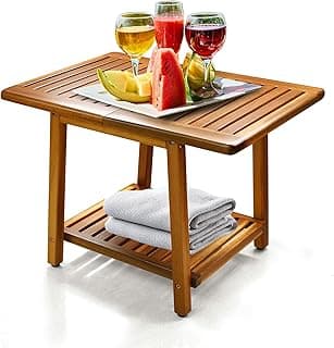 ENKEZI Acacia 24 Inches Outdoor Side Table, 2-Tier Sturdy Patio, End Table Weather Resistant, Strong Stability Side Table for Patio, Pool, Porch, Teak Finish (Acacia Brown)
